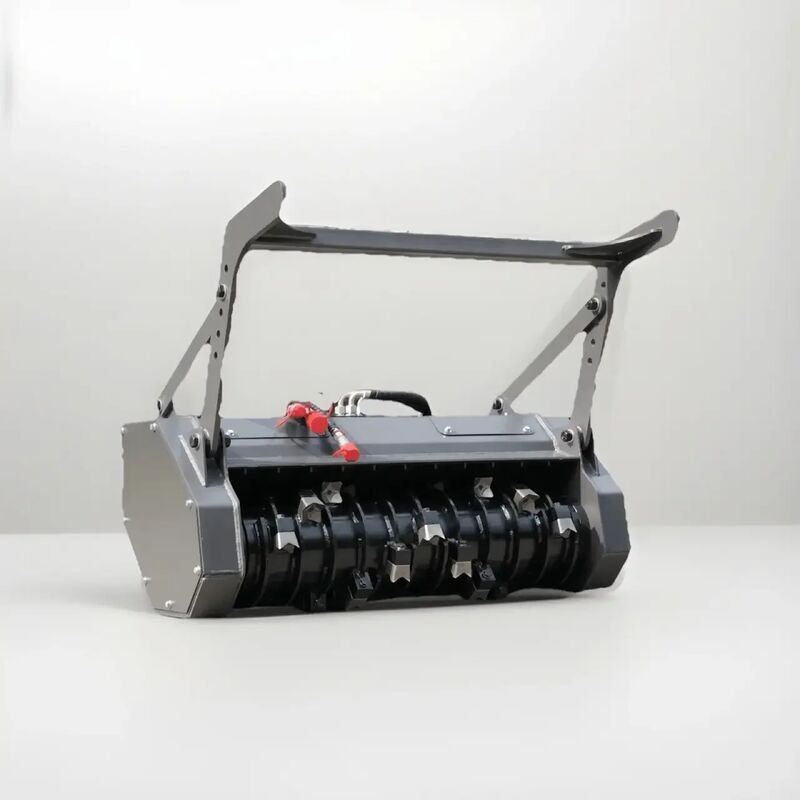 Gray steel brush mulcher drum attachment with a black rotor and a curved guard frame