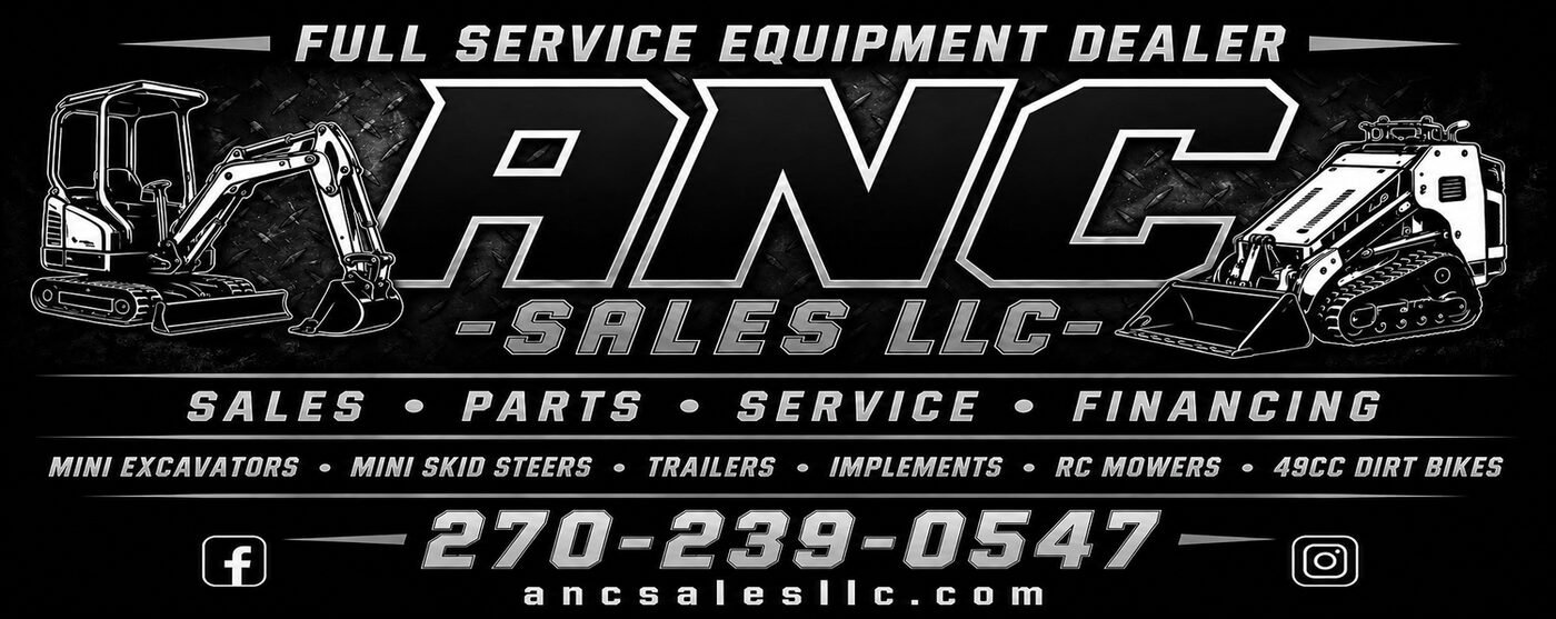ANC Sales LLC full service equipment dealer banner showing a mini excavator and a mini skid steer, with sales, parts, service and financing