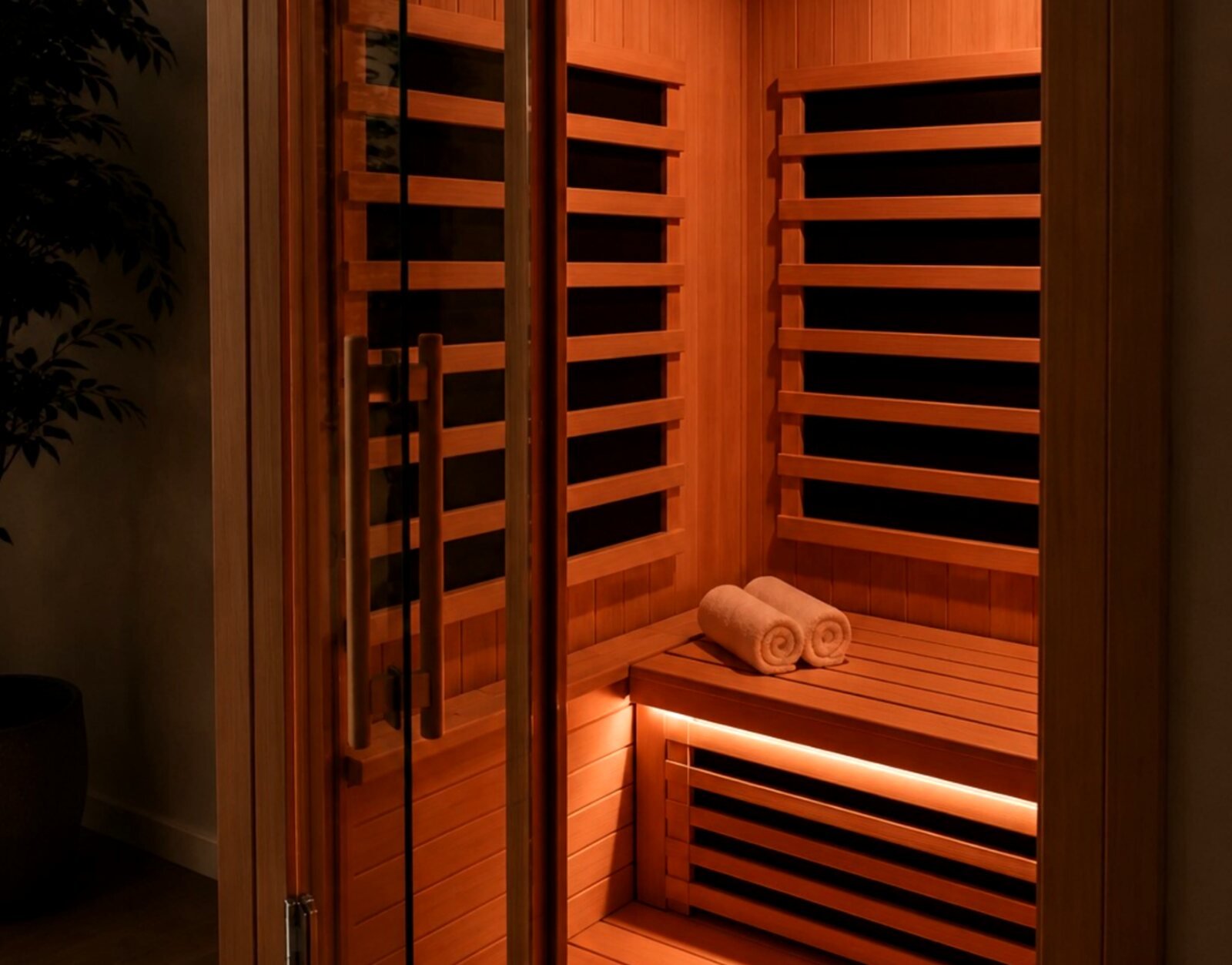Infrared sauna at The Kove, glowing warm amber