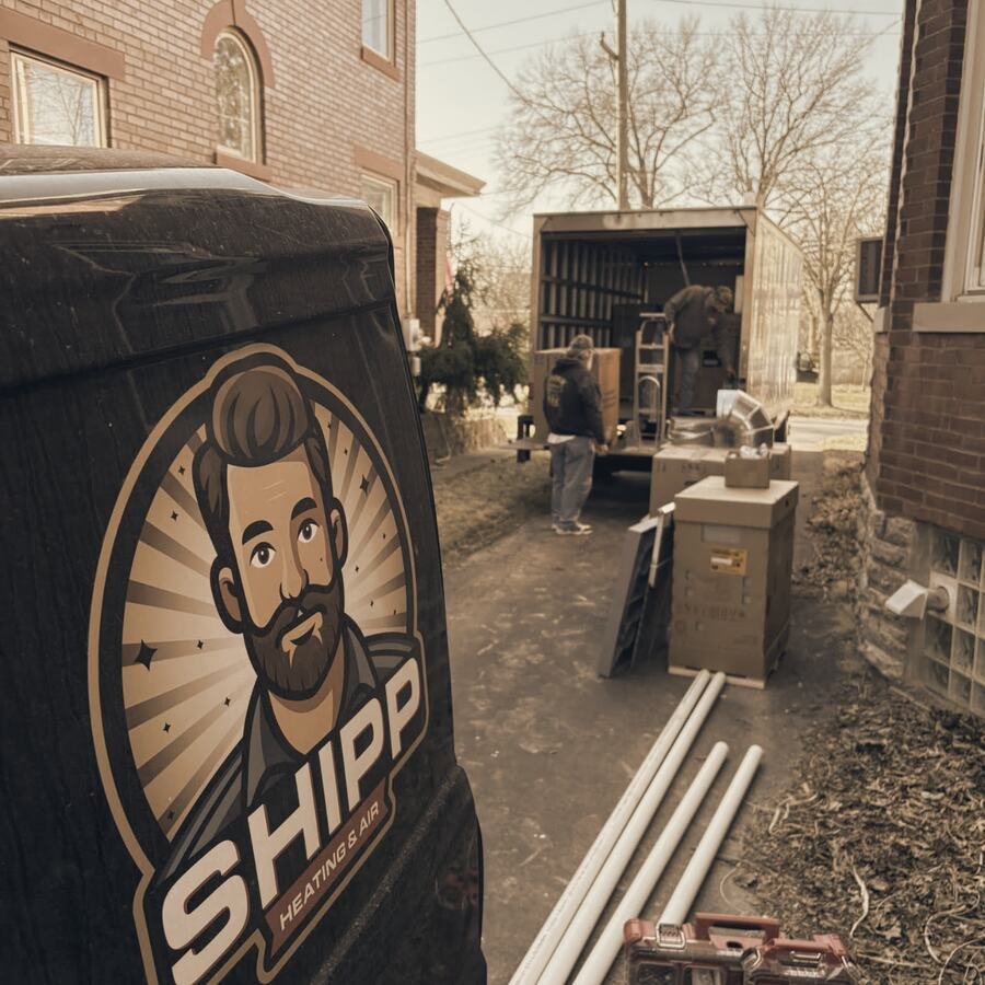 The SHIPP logo on the back of a Shipp's work van at a job site